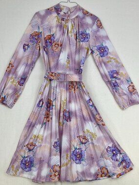 70s Lavender Floral Midi Dress Belted Mock Neck Pleated M